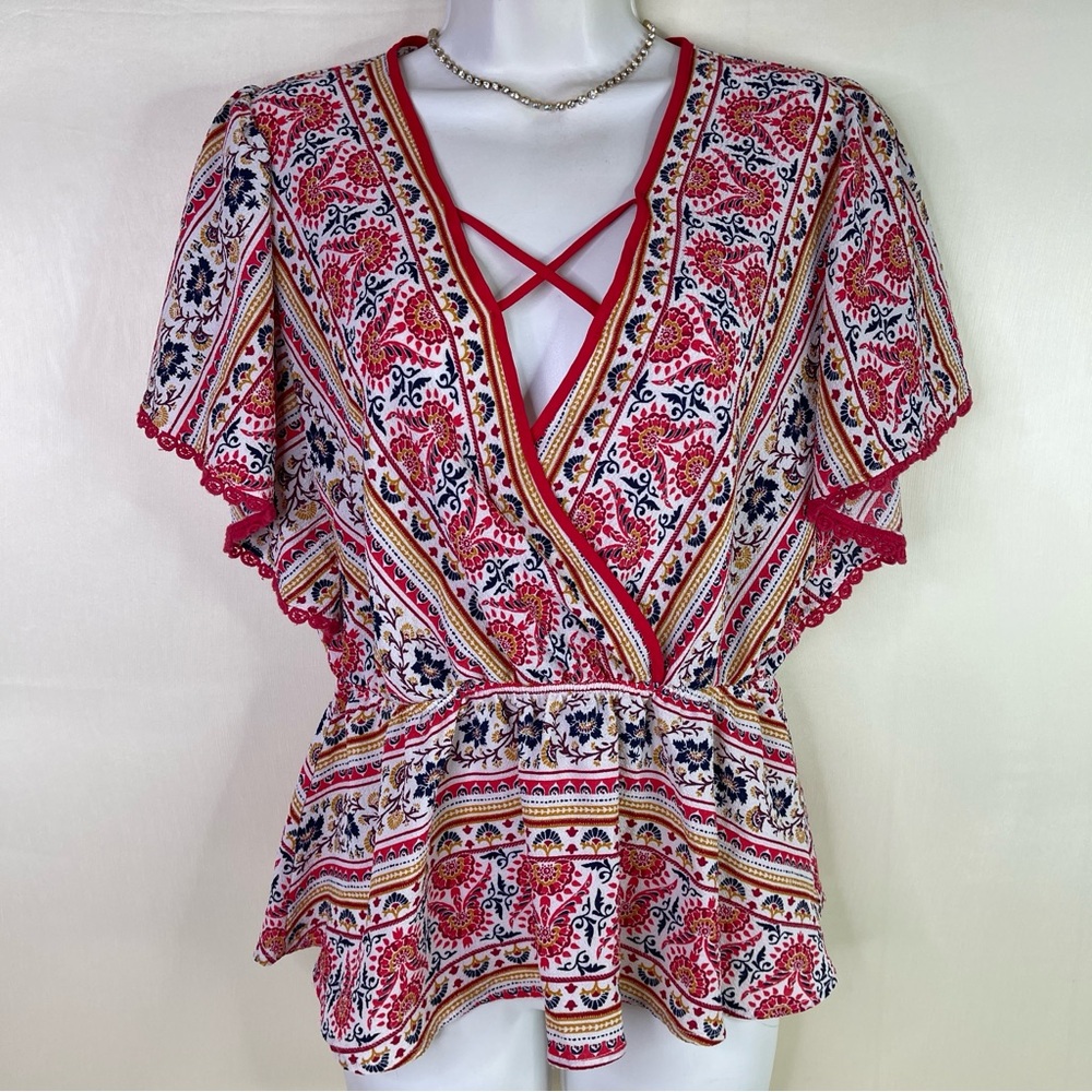 Monteau Los Angeles Boho Paisley Faux Wrap Peplum Top XL